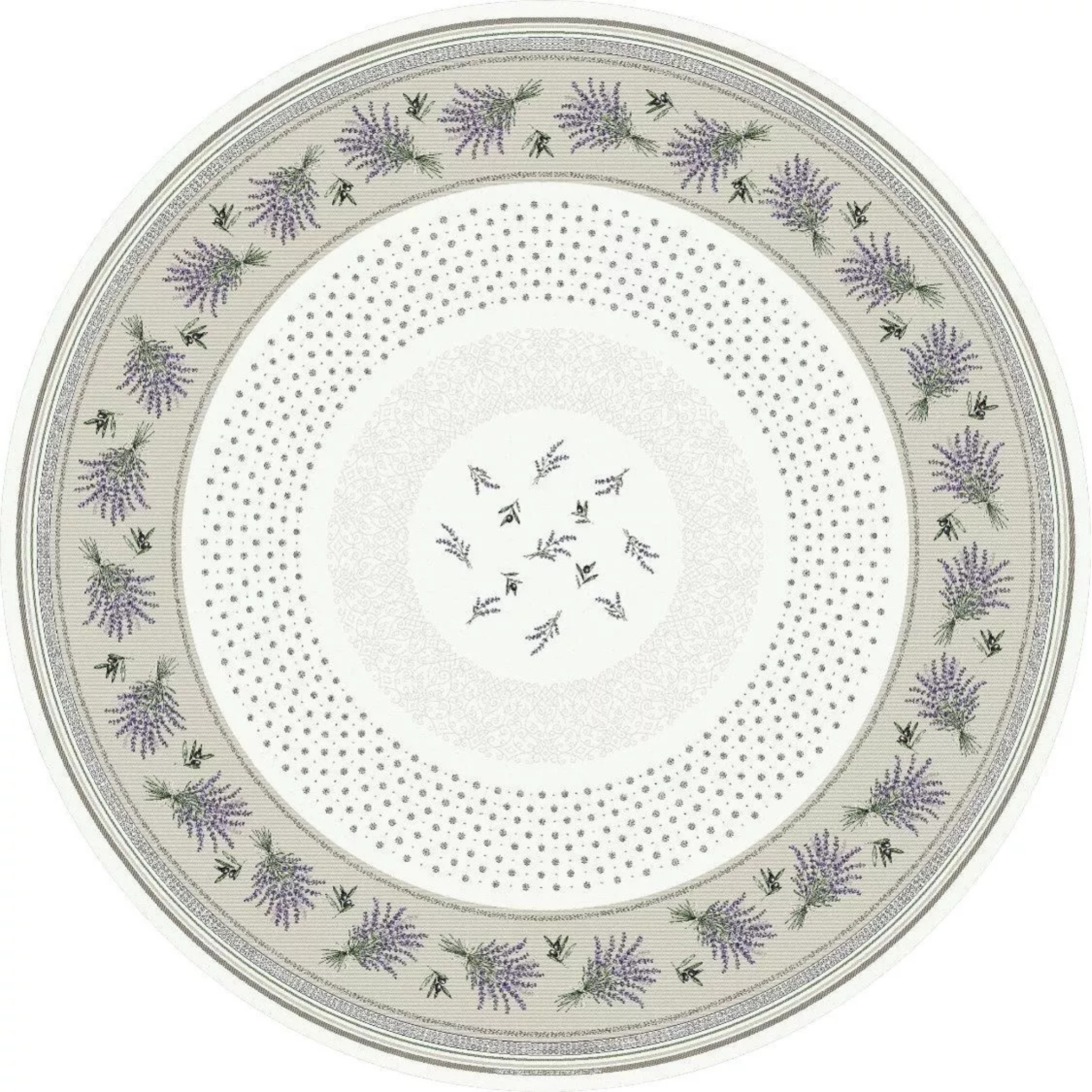 Runde Tischdecke mit Lavendel- und Olivenmuster, elegant gedeckter Tisch im Freien.