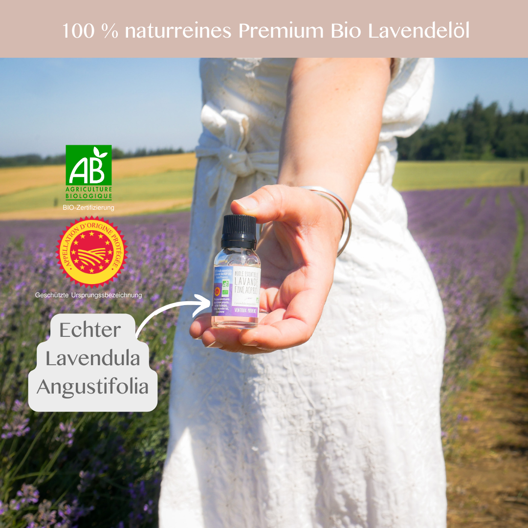 Ätherisches Bio-Lavendelöl AOP, 15 ml – 100 % naturreines Öl aus der Provence in Glasflakon, beruhigend und vielseitig einsetzbar.