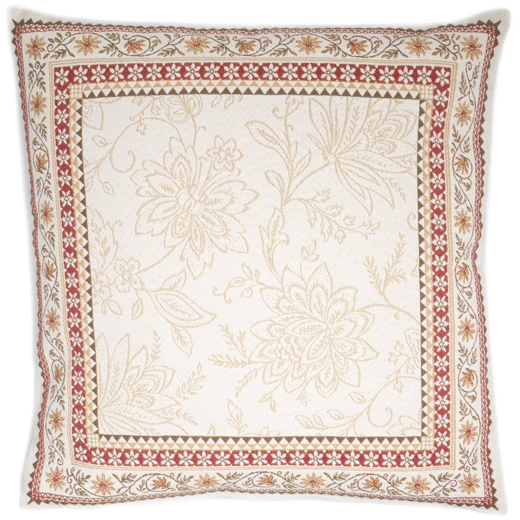 Ein dekoratives Kissen aus dickem Jacquard mit einem rot-weißen Blumenmuster.