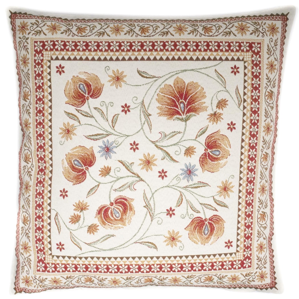 Ein dekoratives Kissen aus dickem Jacquard mit einem rot-weißen Blumenmuster.