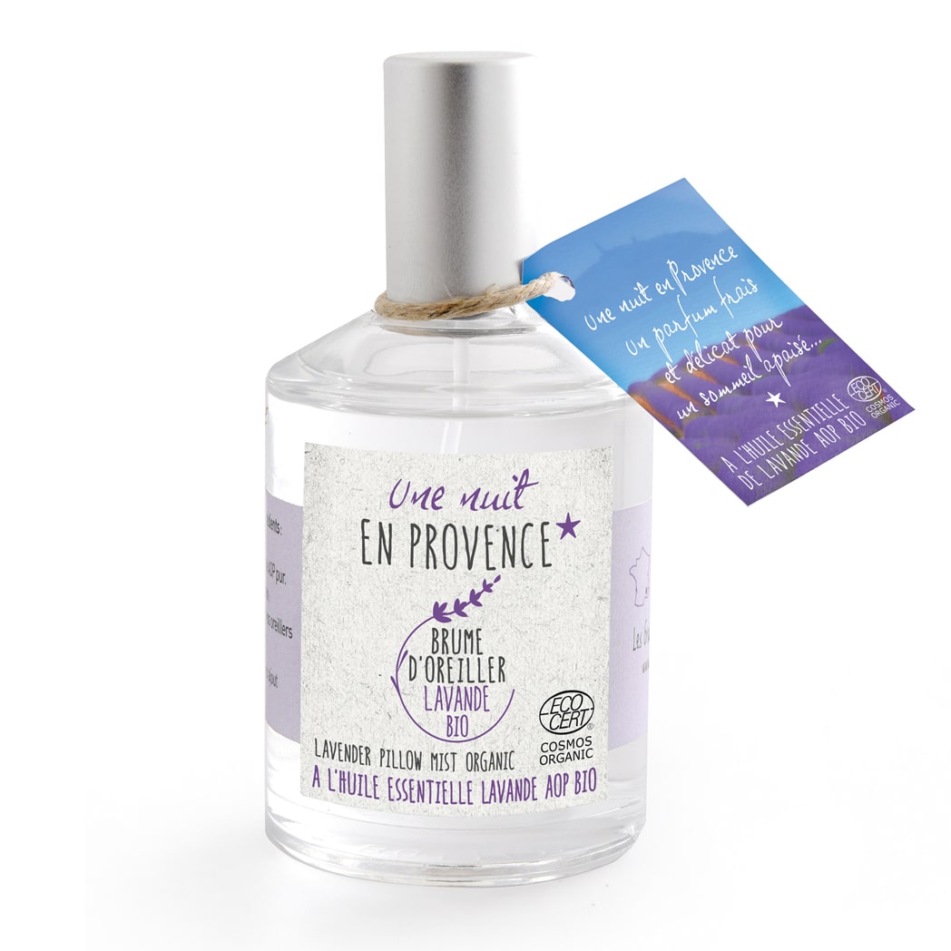 Bio-Kopfkissenspray mit Lavendelduft, 50 ml – Glasflakon aus Südfrankreich auf Leinenuntergrund, beruhigend und entspannend.