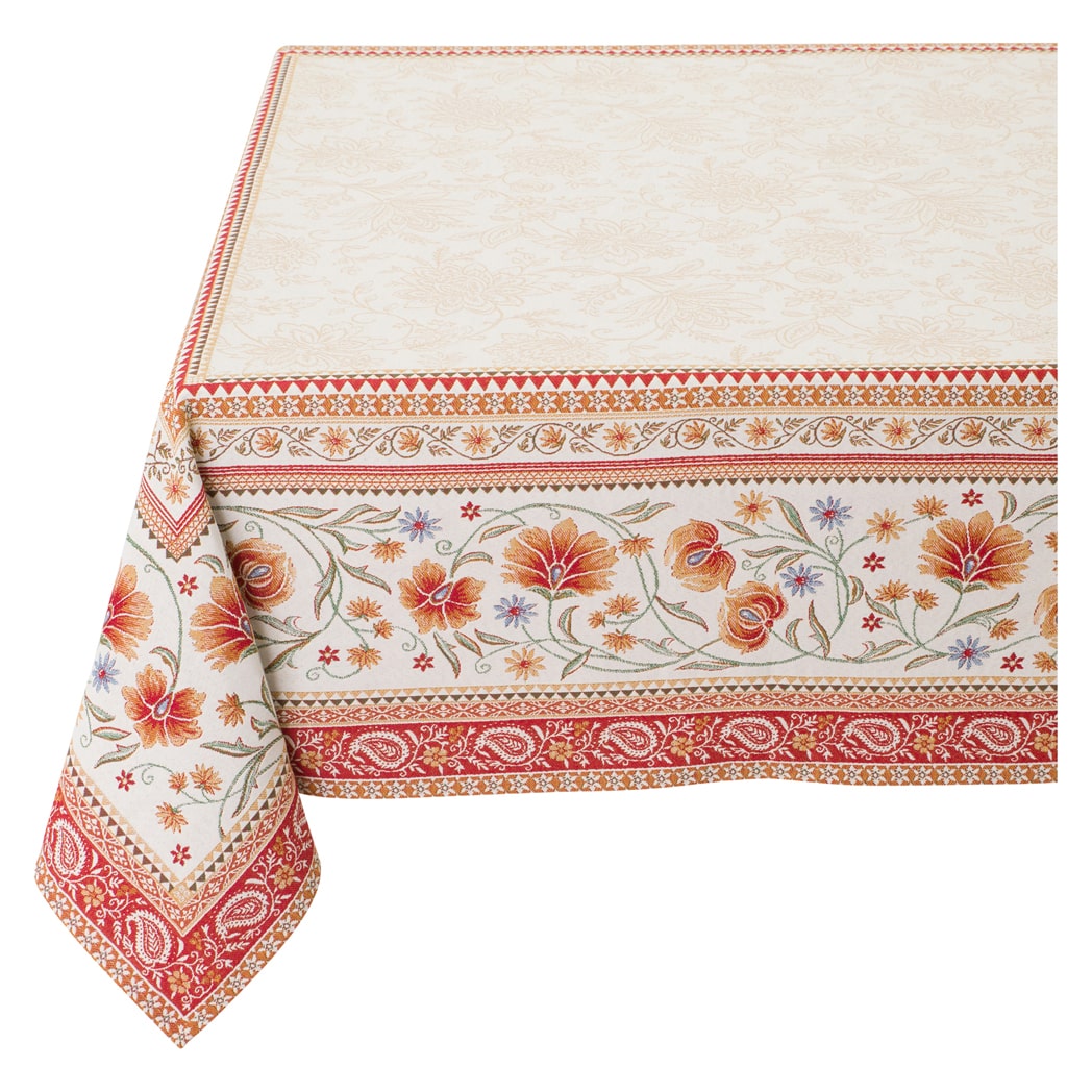 Prächtige, aus Jacquard gewebte Tischdecke, sehr dick, mit raffinierten Blumenmustern.